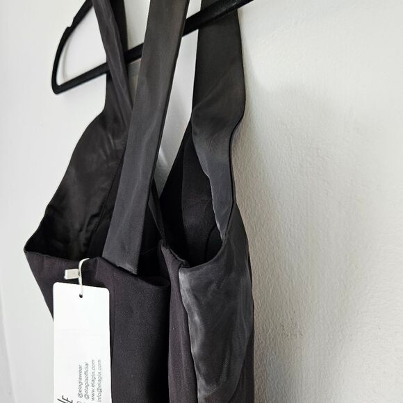 NWT Elagia Formal Black Cross Neck Satin Sleeveless Wide Leg Jumpsuit Romper L - Picture 10 of 16
